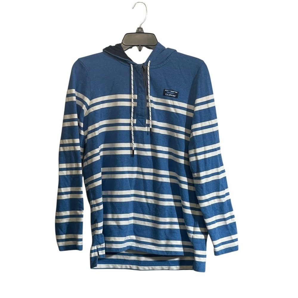 LL BEAN Shirt Womens Med Hoodie Blue Soft Cotton Rugby Henley Stripe Pullover